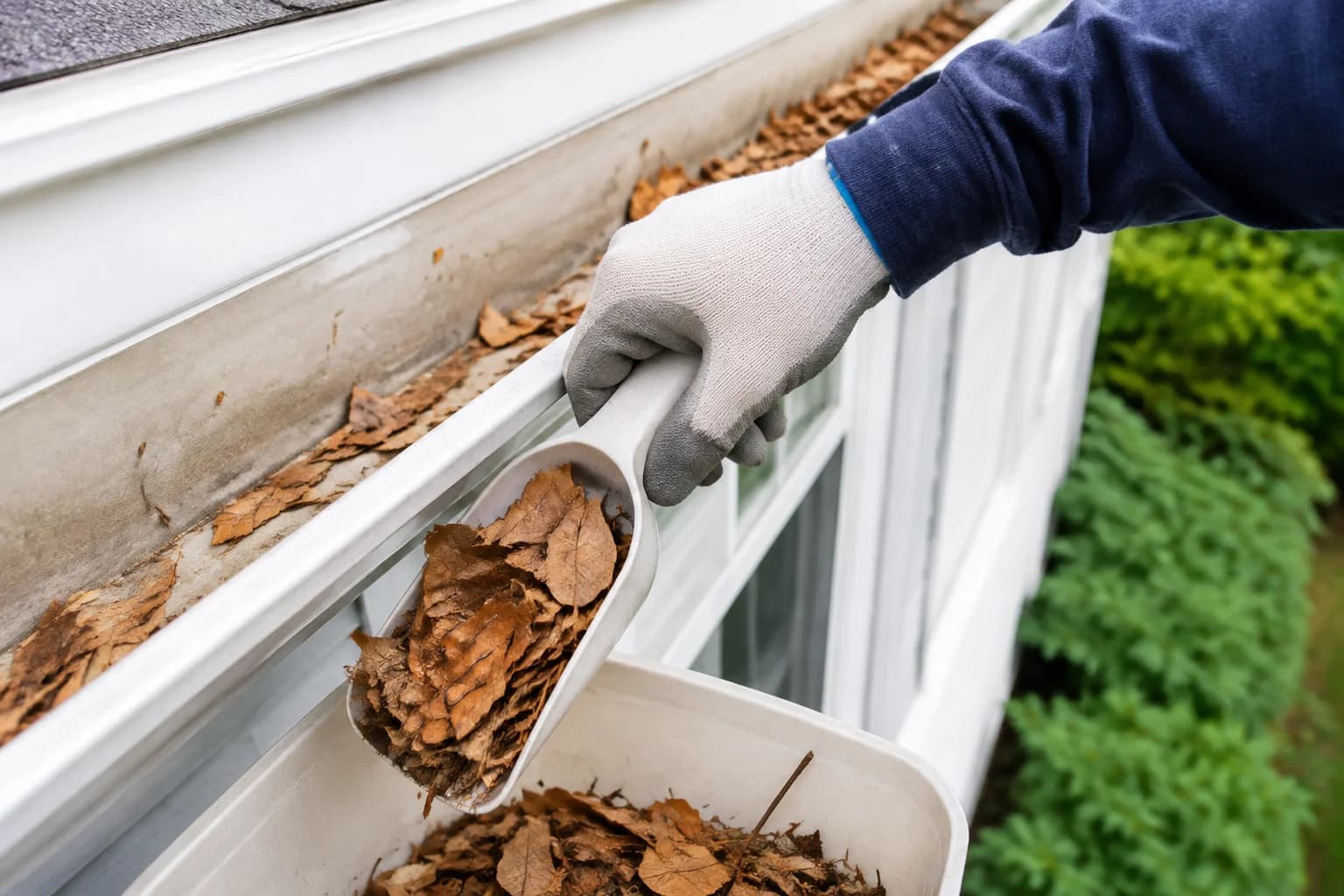 Illustrative detail of a gloved hand removing loose leaves from an accessible gutter.