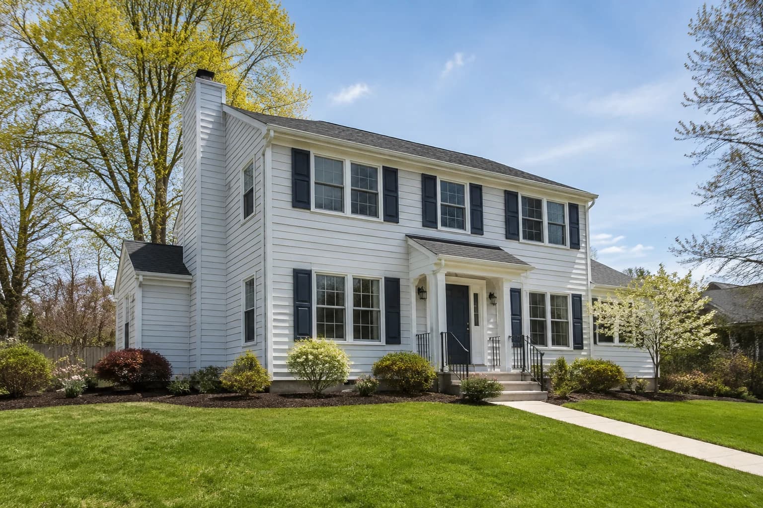 Illustrative sunlit North Jersey-style home with clean siding and a welcoming front path.